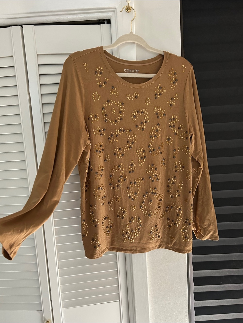 Chico's Brown Top with Gold Bead Embellishment - Long Sleeve
